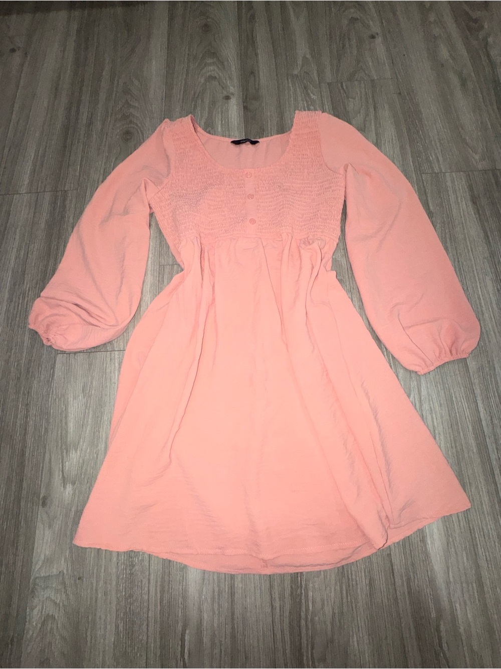 Smocked Bodice Long Sleeve Dress in Peach